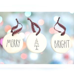 Rae Dunn Set of 3 White Christmas Ceramic Holiday Ornaments Plaid New in Box